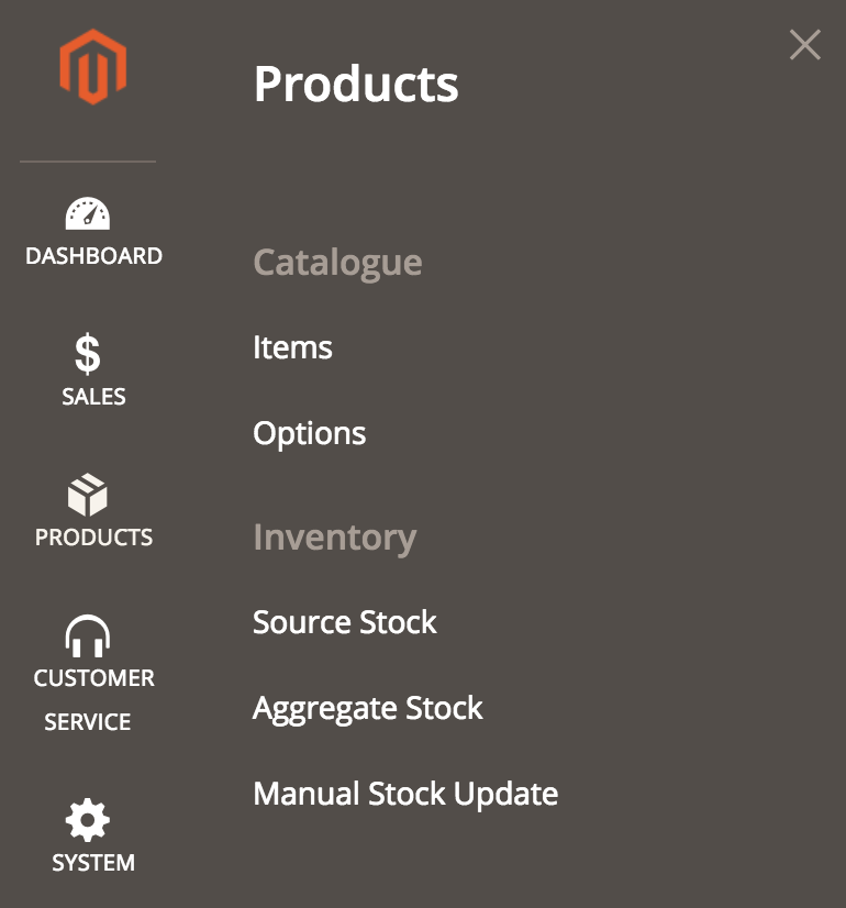 Inventory menu in Admin