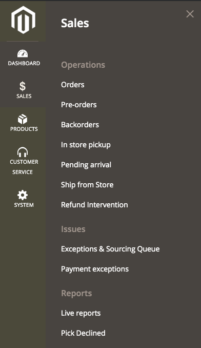 Admin menu > Sales