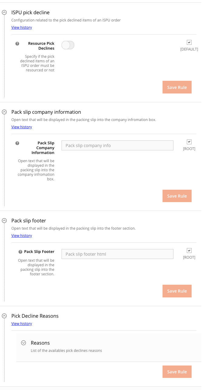 Omnichannel > ISPU pick decline, Pack slip company info, Pack slip footer, Pick decline reasons