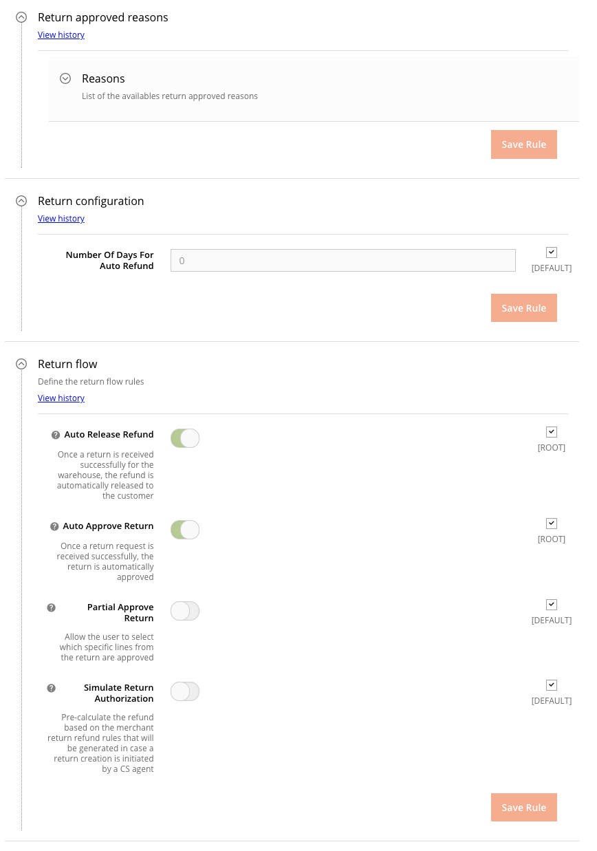 Postsales > Return approved reasons, Return configuration, Return flow